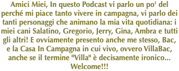 Amici Miei, In questo Podcast vi parlo un po' del perché mi piace tanto vivere in campagna, vi parlo dei tanti personaggi che animano la mia vita quotidiana: i miei cani Salatino, Gregorio, Jerry, Gina, Ambra e tutti gli altri! E ovviamente presento anche me stesso, Bac, e la Casa In Campagna in cui vivo, ovvero VillaBac, anche se il termine "Villa" è decisamente ironico... Welcome!!! 